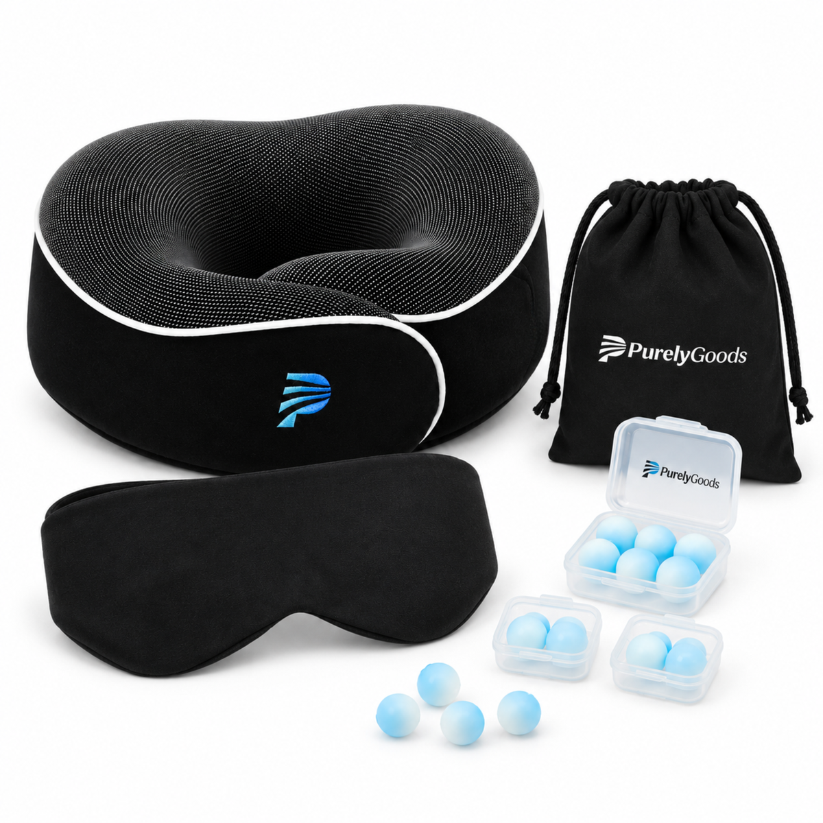 Inhoud PurelyGoods reisset: traagschuim nekkussen met 360° steun, katoenen slaapmasker, siliconen oordoppen (ca. 26 dB) en opbergtasje.