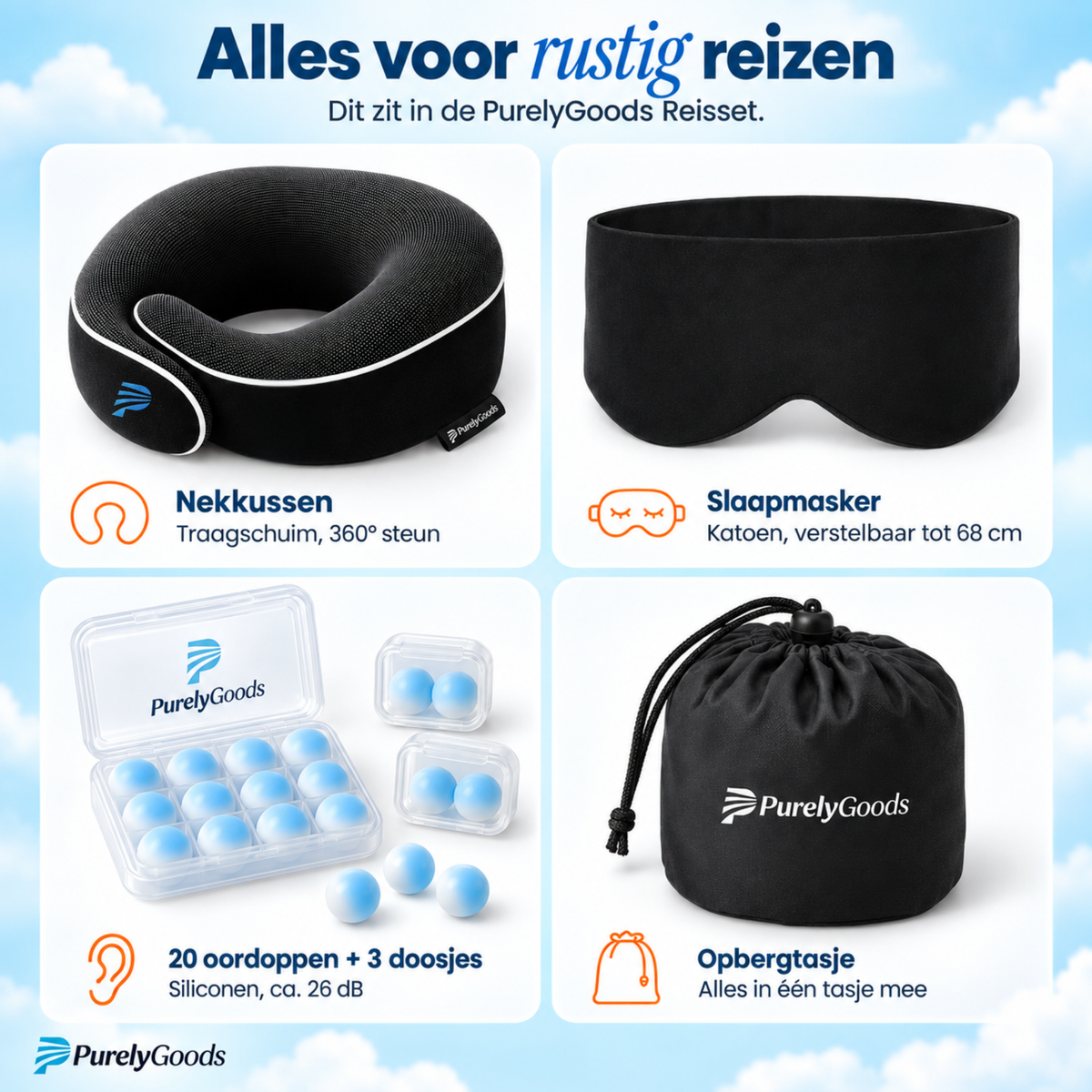PurelyGoods reisset op witte achtergrond: nekkussen, slaapmasker, siliconen oordoppen met doosjes en opbergtasje.