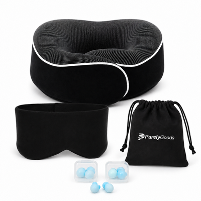 PurelyGoods reisset met memoryfoam nekkussen, verduisterend slaapmasker, siliconen oordoppen en opbergtasje