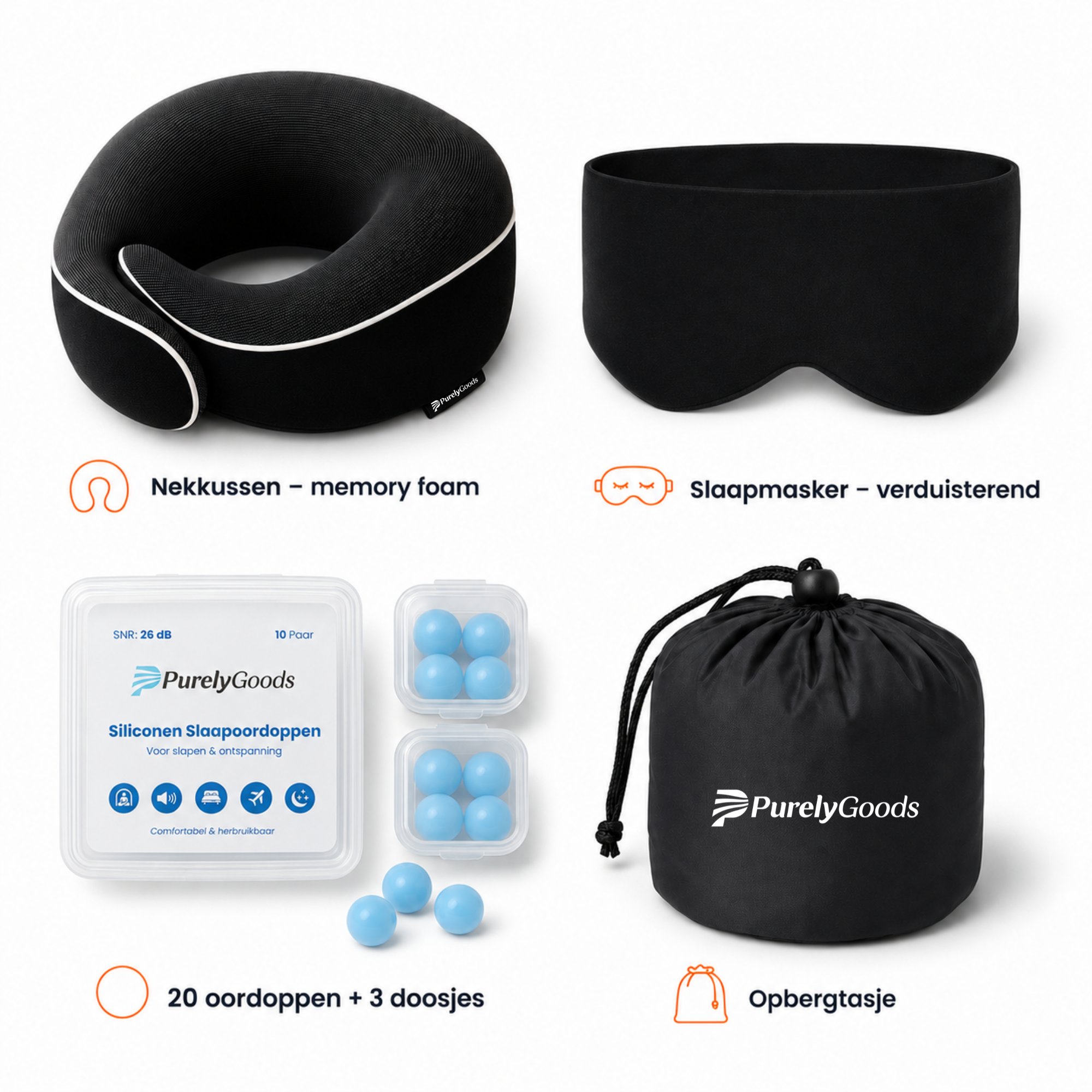 PurelyGoods reisset met memoryfoam nekkussen, verduisterend slaapmasker en siliconen oordoppen