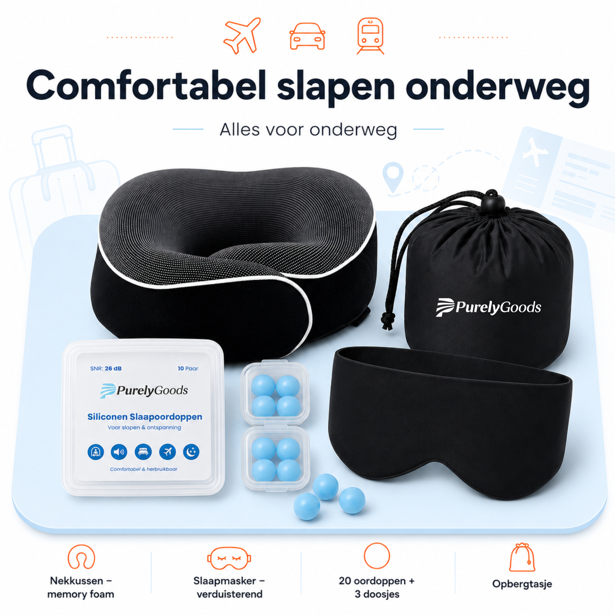 PurelyGoods reisset voor onderweg met memoryfoam nekkussen, slaapmasker, oordoppen en opbergtasje