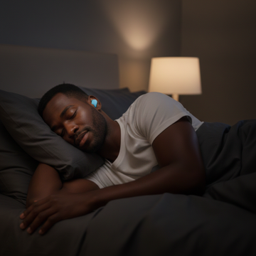 Man slaapt op zijn zij met PurelyGoods slaap oordopjes. Zacht en comfortabel ontwerp dat geschikt is voor zijslapers en dempt storende geluiden.