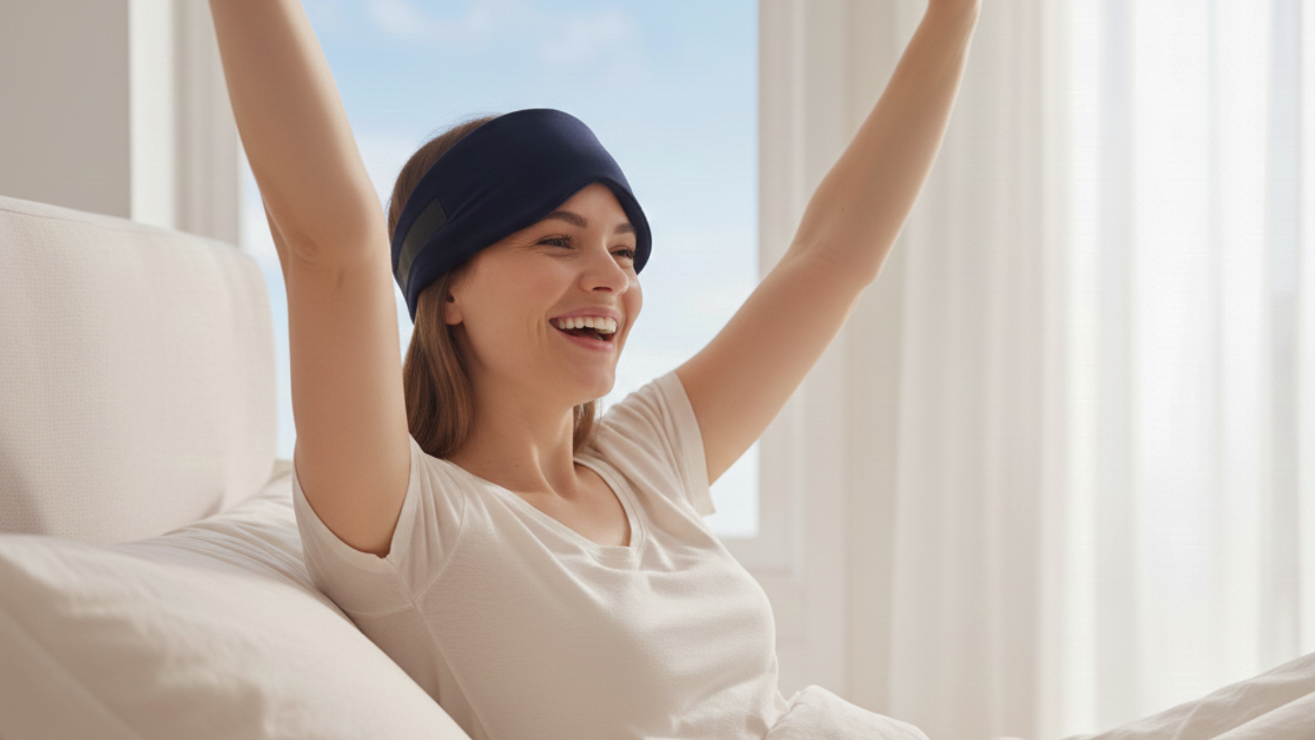 Vrouw wordt uitgerust wakker met PurelyGoods slaapmasker en begint haar dag energiek