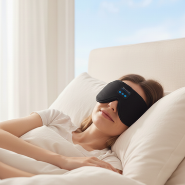 Persoon slaapt comfortabel met PurelyGoods slaapmasker met bluetooth koptelefoon in bed