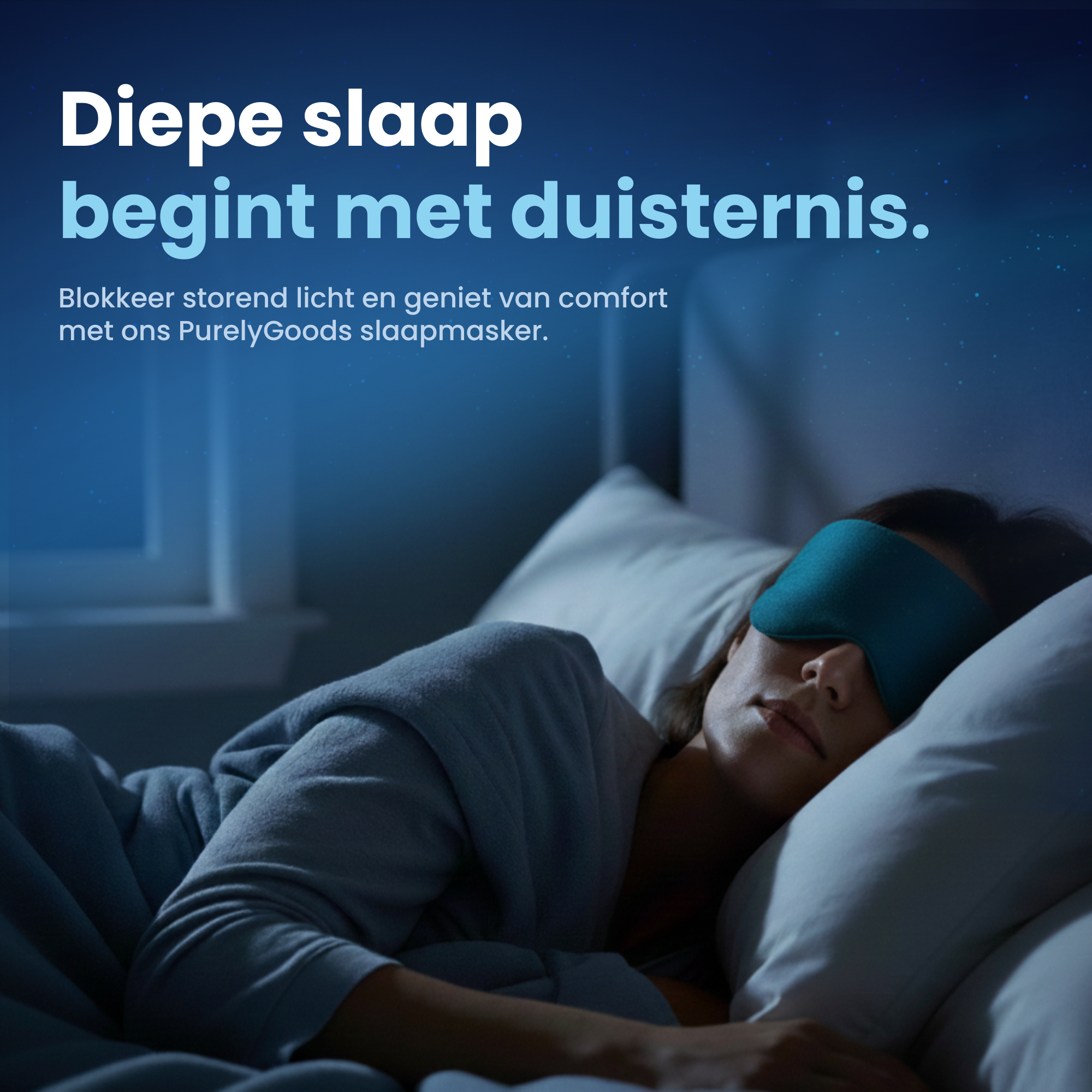 Vrouw slaapt diep in een donkere kamer met een comfortabel slaapmasker van PurelyGoods, blokkeert storend licht voor betere nachtrust.