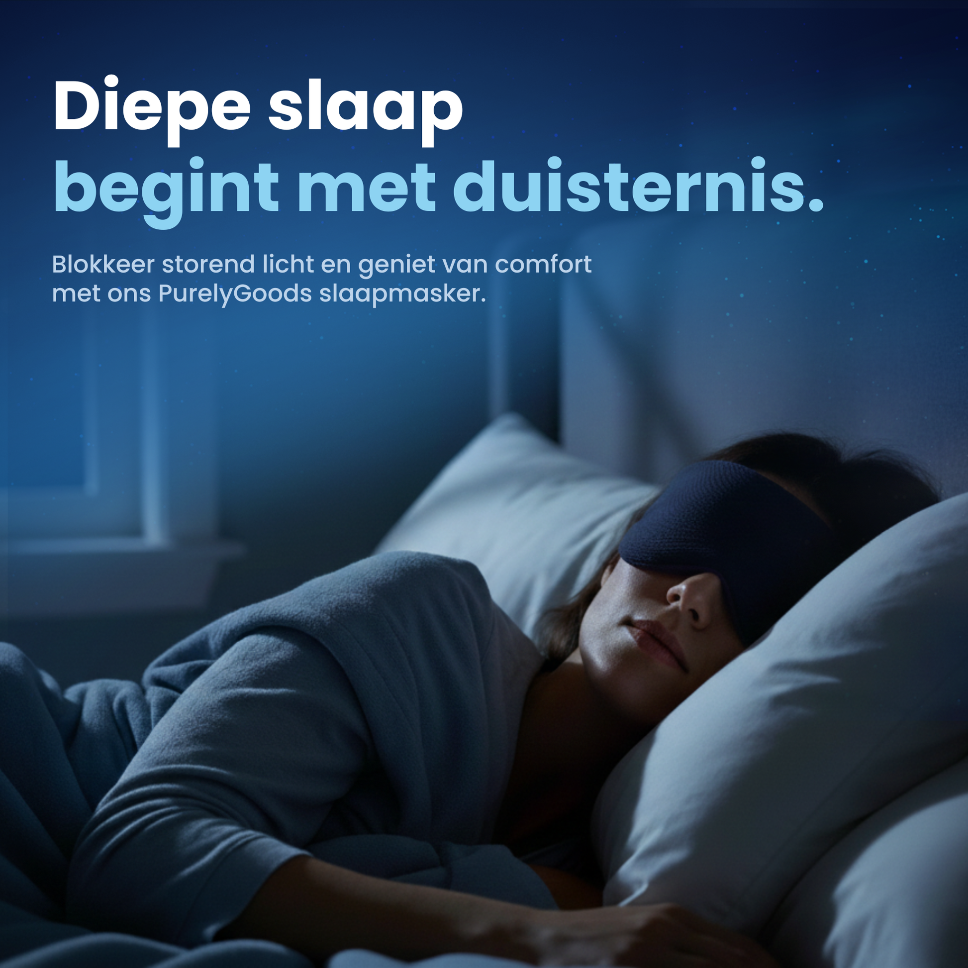 Vrouw slaapt diep in een donkere kamer met een comfortabel slaapmasker van PurelyGoods – blokkeert storend licht voor betere nachtrust.