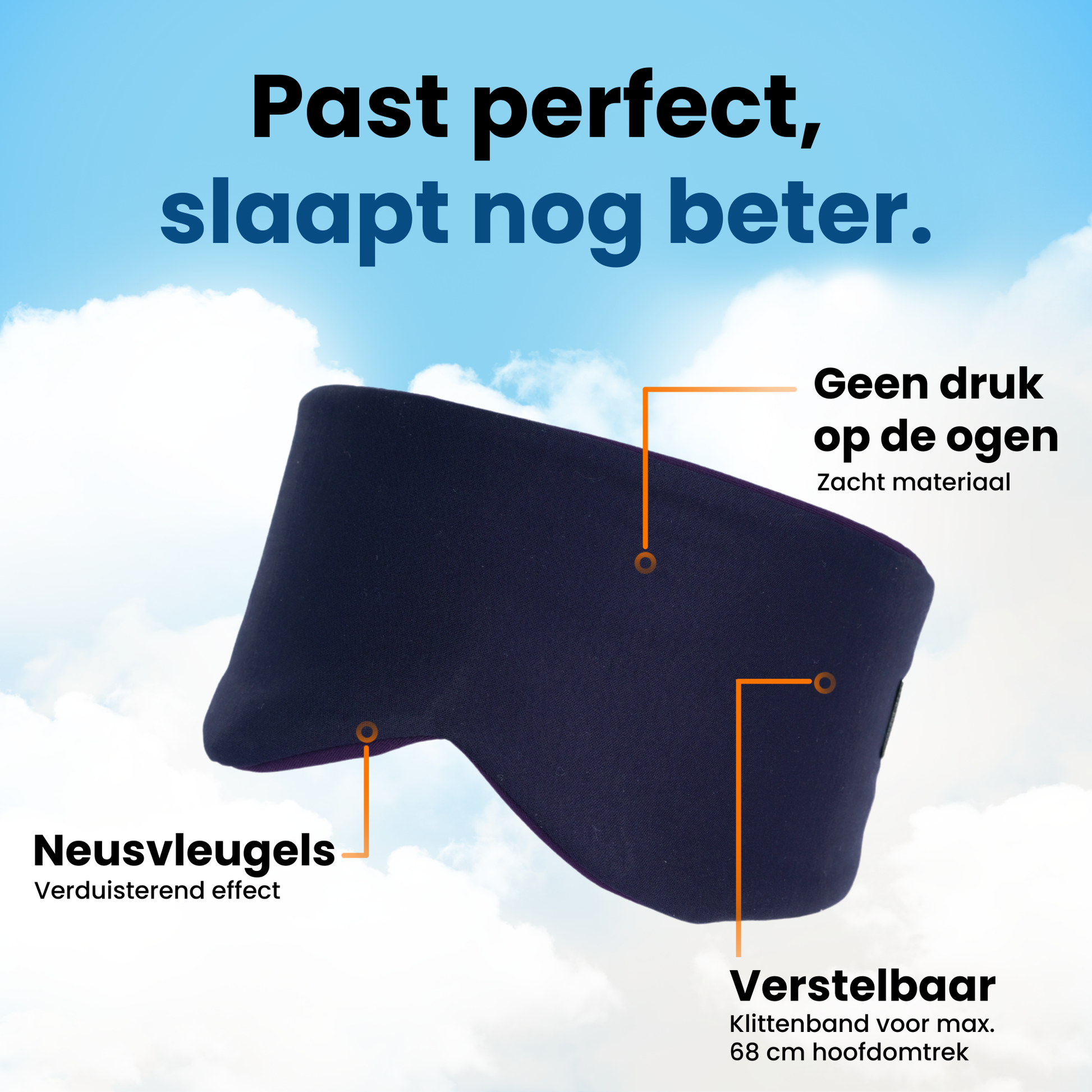 PurelyGoods slaapmasker donkerblauw — neusvleugels verduisterend, verstelbaar klittenband, zacht materiaal zonder druk op ogen