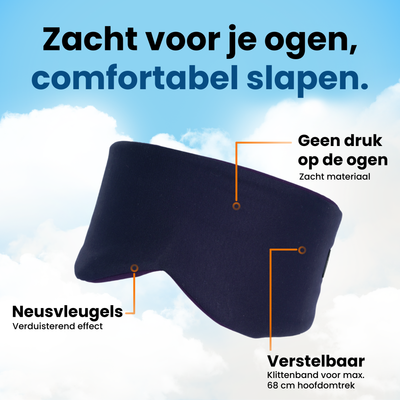 Donkerblauw PurelyGoods slaapmasker met zachte pasvorm, neusvleugels voor verduistering en verstelbare klittenbandsluiting tot 68 cm hoofdomtrek.