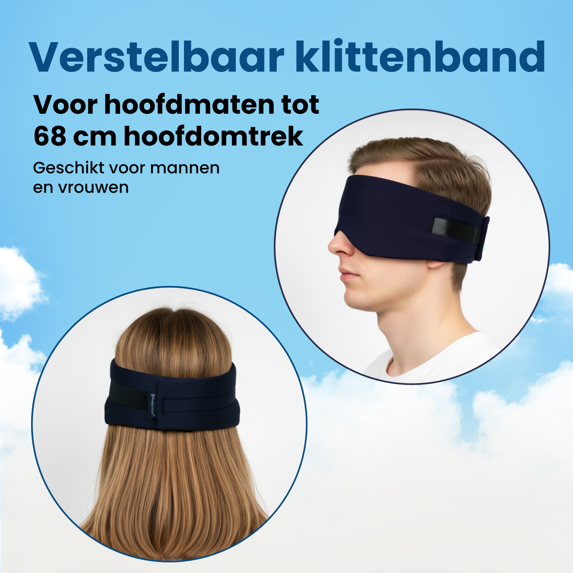 PurelyGoods slaapmasker donkerblauw met verstelbaar klittenband — zij- en achteraanzicht op man en vrouw