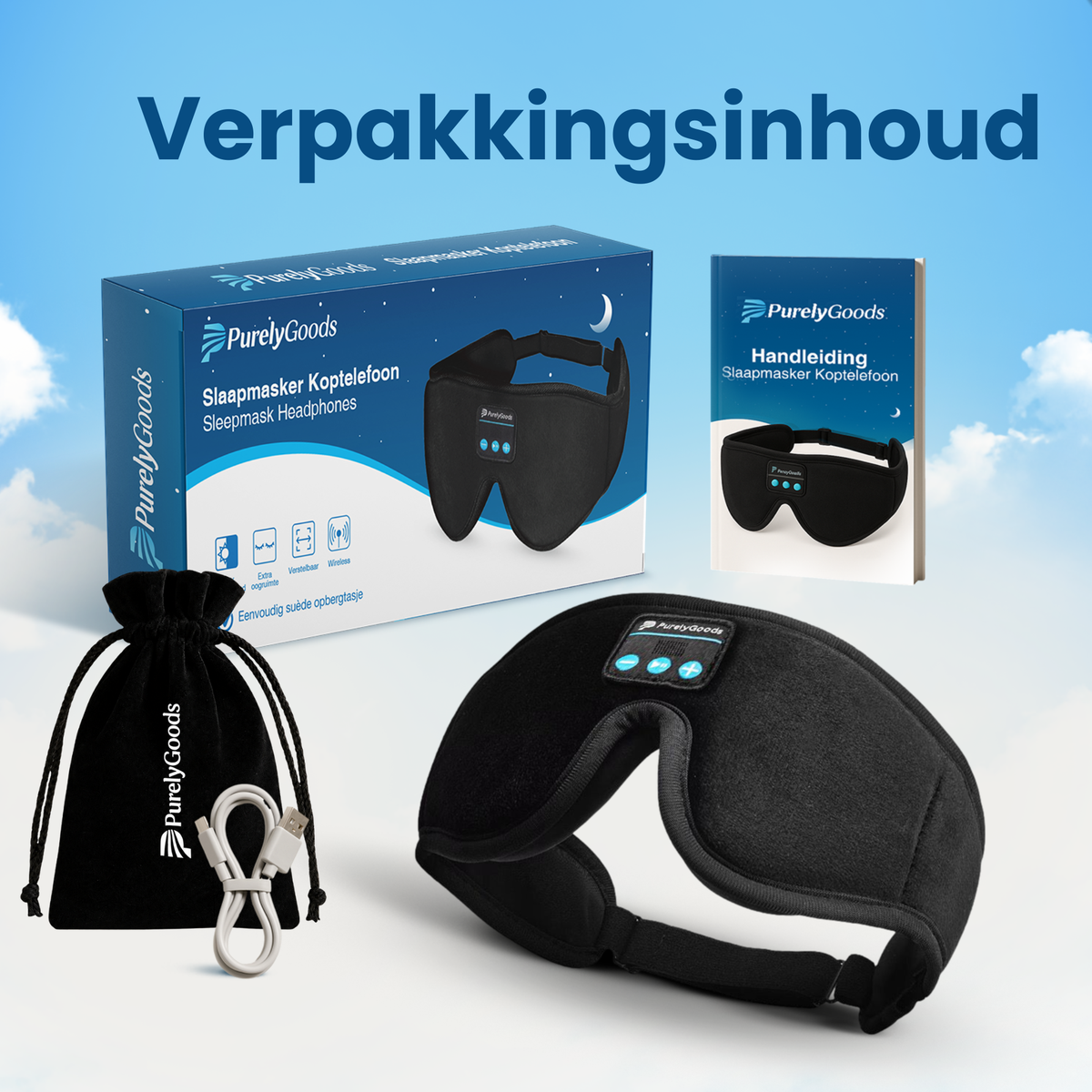 Verpakkingsinhoud van het PurelyGoods slaapmasker met koptelefoon, handleiding, opbergzakje en oplaadkabel