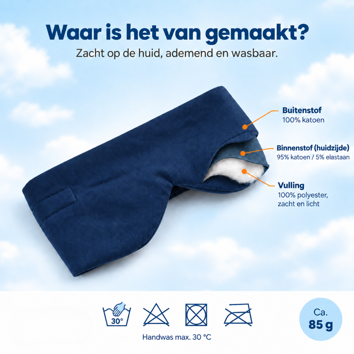 Materiaal donkerblauw PurelyGoods slaapmasker: 100% katoen buitenzijde, 95% katoen en 5% elastaan huidzijde, polyester vulling, handwas 30 °C.