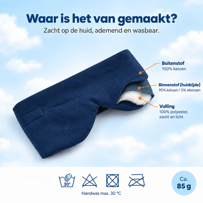 Materiaal donkerblauw PurelyGoods slaapmasker: 100% katoen buitenzijde, 95% katoen en 5% elastaan huidzijde, polyester vulling, handwas 30 °C.