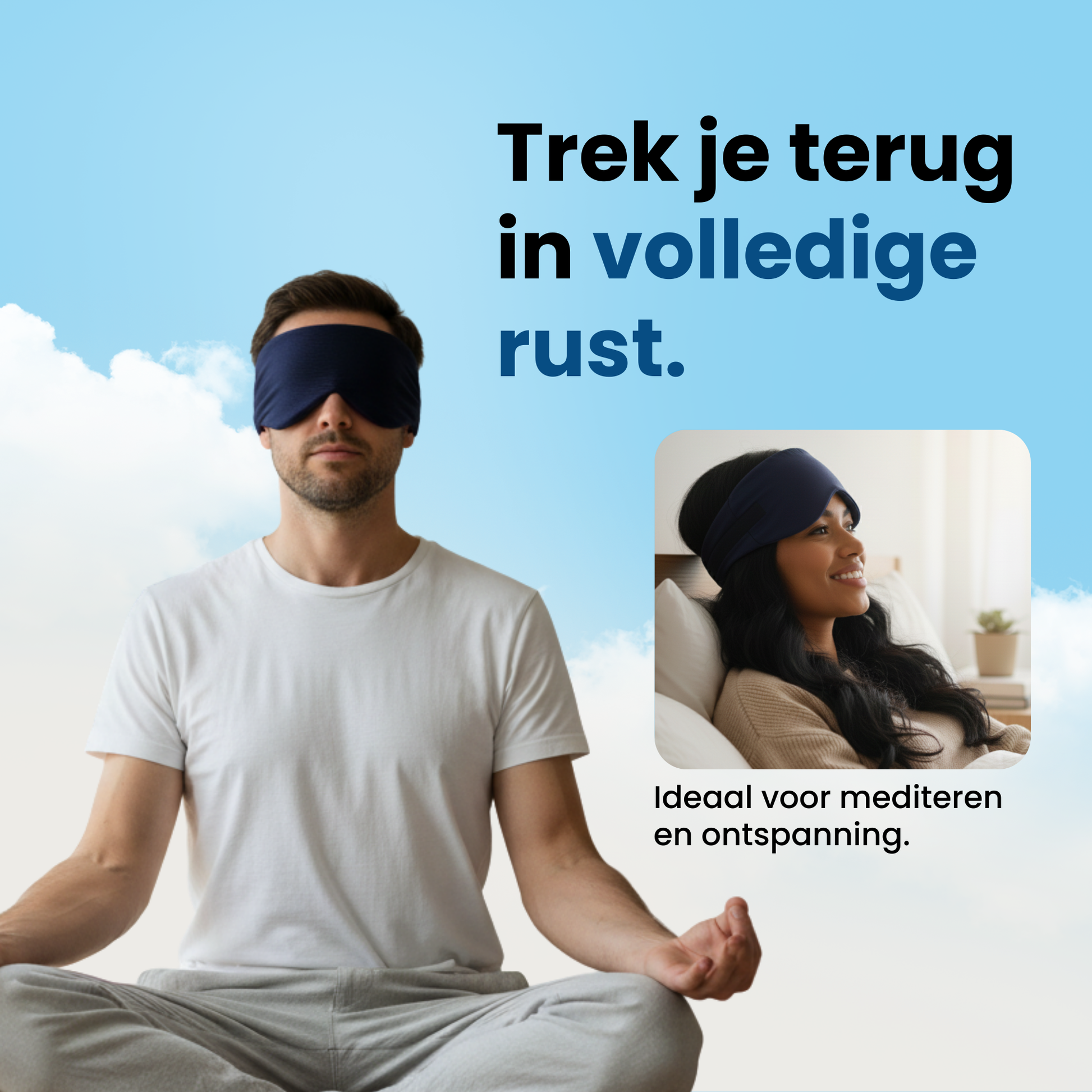 Slaapmasker van PurelyGoods gedragen tijdens meditatie en ontspanning, lichtdicht oogmasker voor rust, focus en diepe ontspanning.