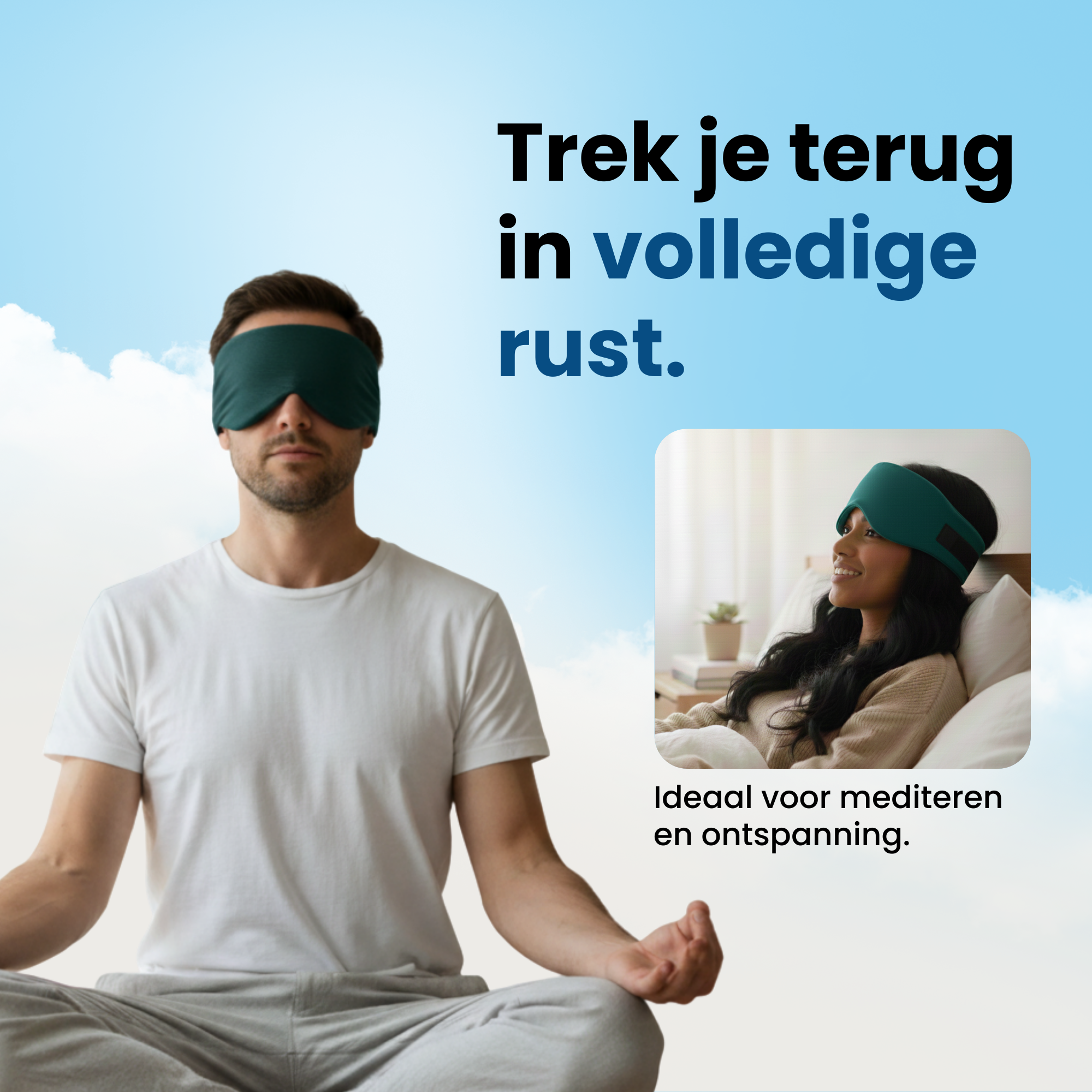 Slaapmasker oceaan blauw van PurelyGoods gedragen tijdens meditatie en ontspanning, lichtdicht oogmasker voor rust, focus en diepe ontspanning.