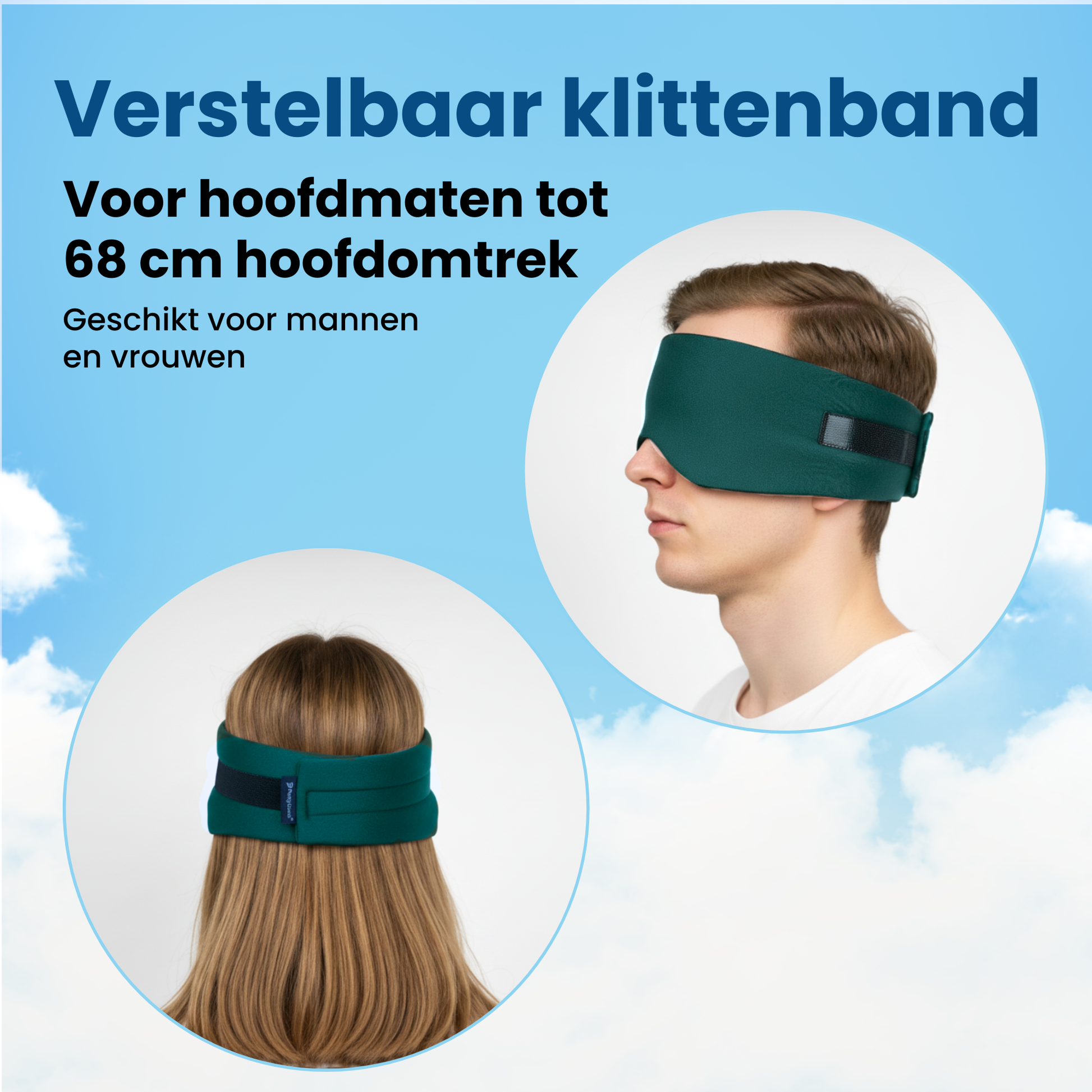 PurelyGoods slaapmasker oceaan blauw met verstelbaar klittenband, gedragen door man en vrouw, geschikt voor hoofdomtrek tot 68 cm