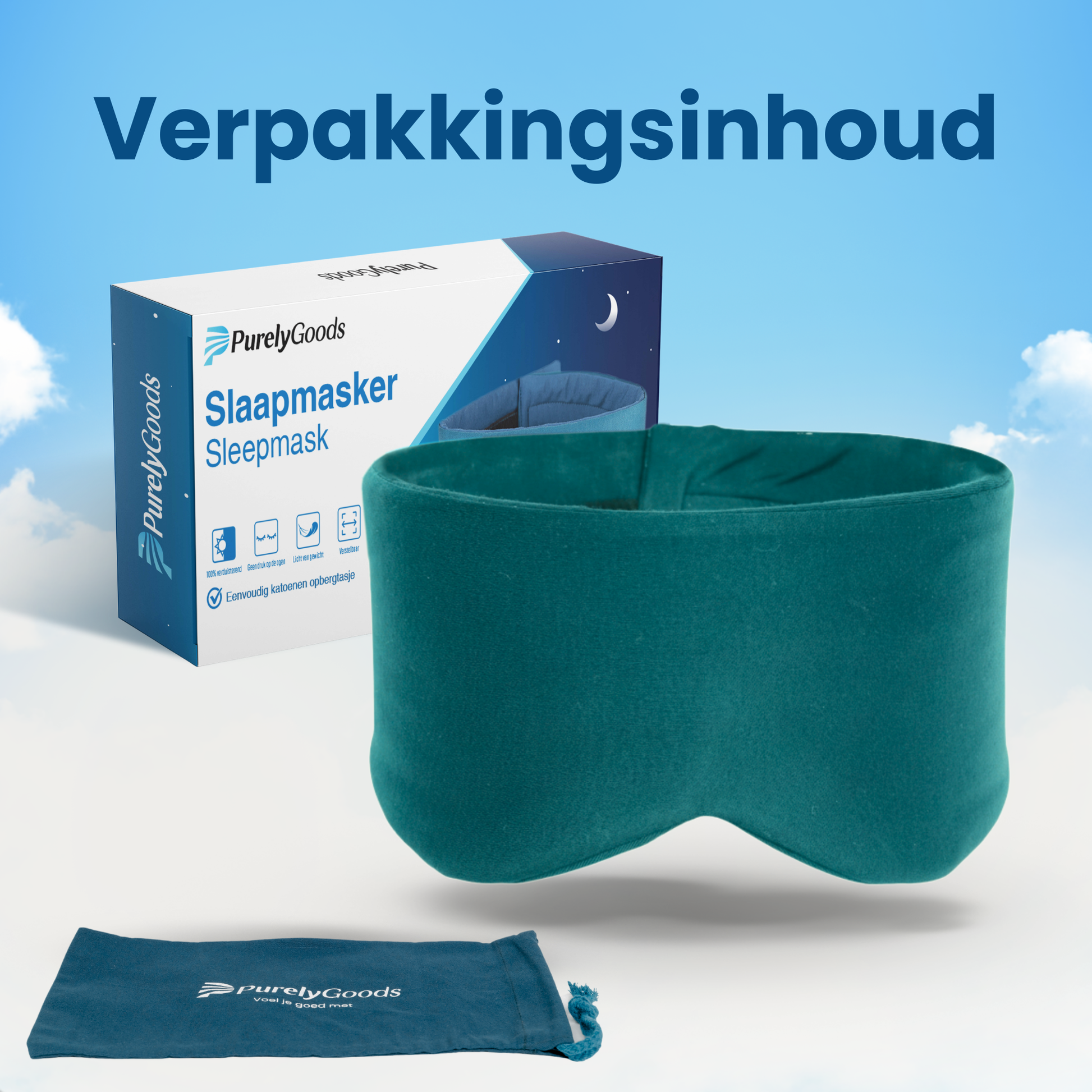 Verpakkingsinhoud van het PurelyGoods slaapmasker met groen slaapmasker, opbergzakje en productverpakking