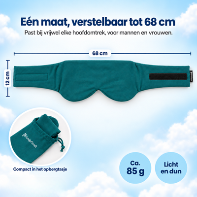 Oceaanblauw PurelyGoods slaapmasker, verstelbaar tot 68 cm en circa 85 gram, licht en dun, met bijpassend opbergtasje.