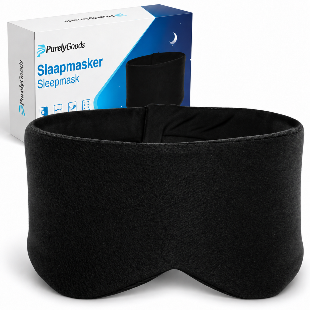 Zwart PurelyGoods slaapmasker voor de bijpassende verpakking op een witte achtergrond.