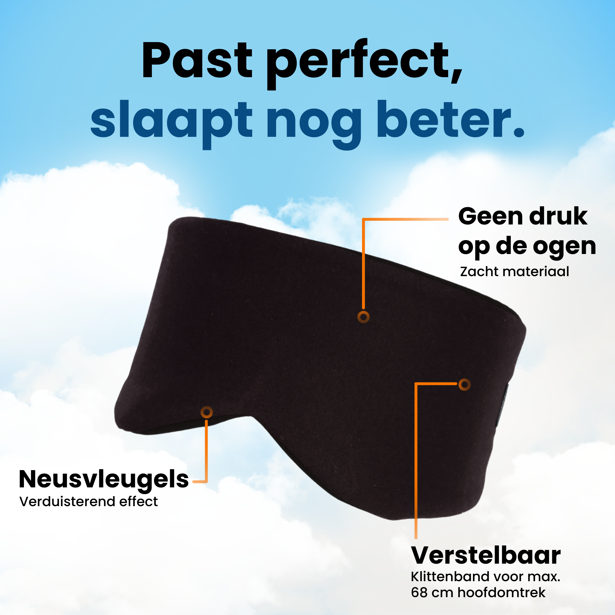 PurelyGoods slaapmasker zwart, neusvleugels voor verduisterend effect, verstelbaar klittenband tot 68 cm hoofdomtrek