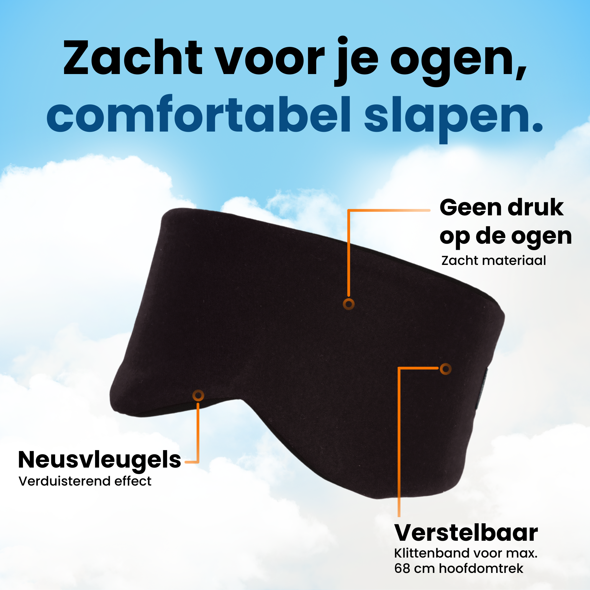 Zwart PurelyGoods slaapmasker met zachte pasvorm, neusvleugels voor verduistering en verstelbare klittenbandsluiting tot 68 cm hoofdomtrek.