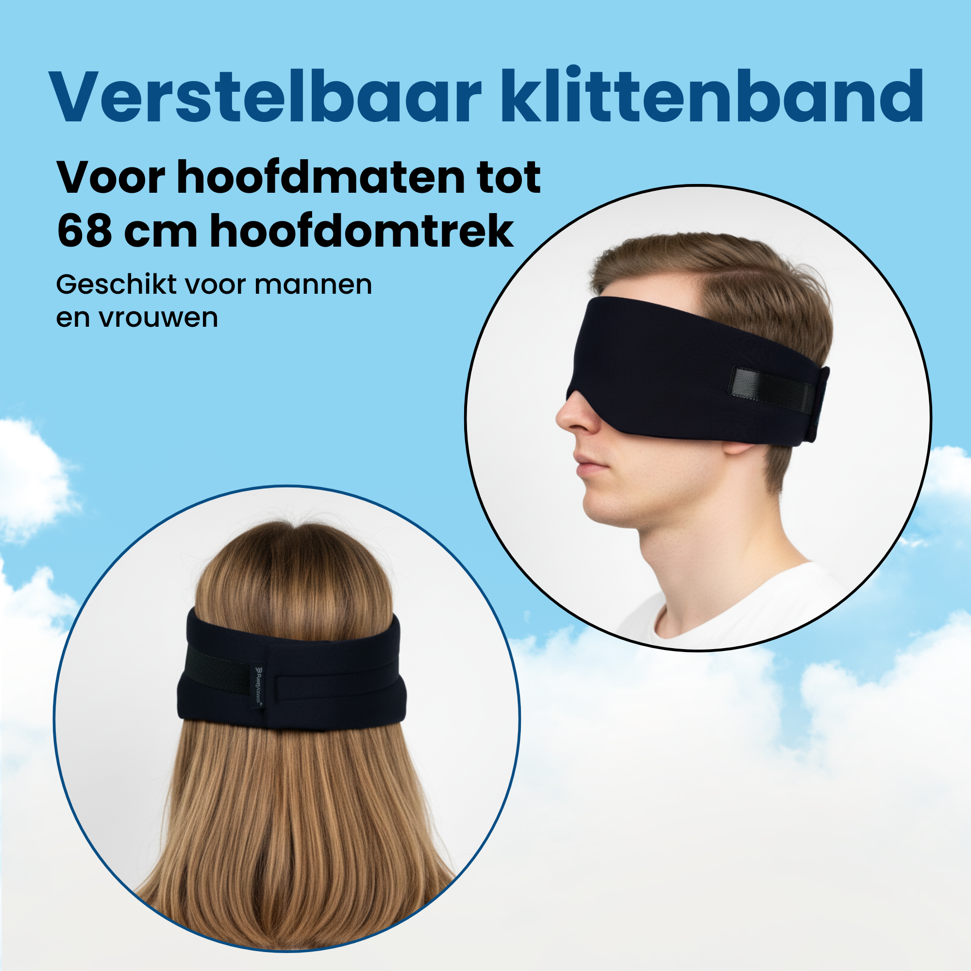 PurelyGoods slaapmasker zwart met verstelbaar klittenband, gedragen door man en vrouw, hoofdomtrek tot 68 cm