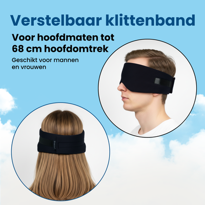 PurelyGoods slaapmasker zwart met verstelbaar klittenband, gedragen door man en vrouw, hoofdomtrek tot 68 cm