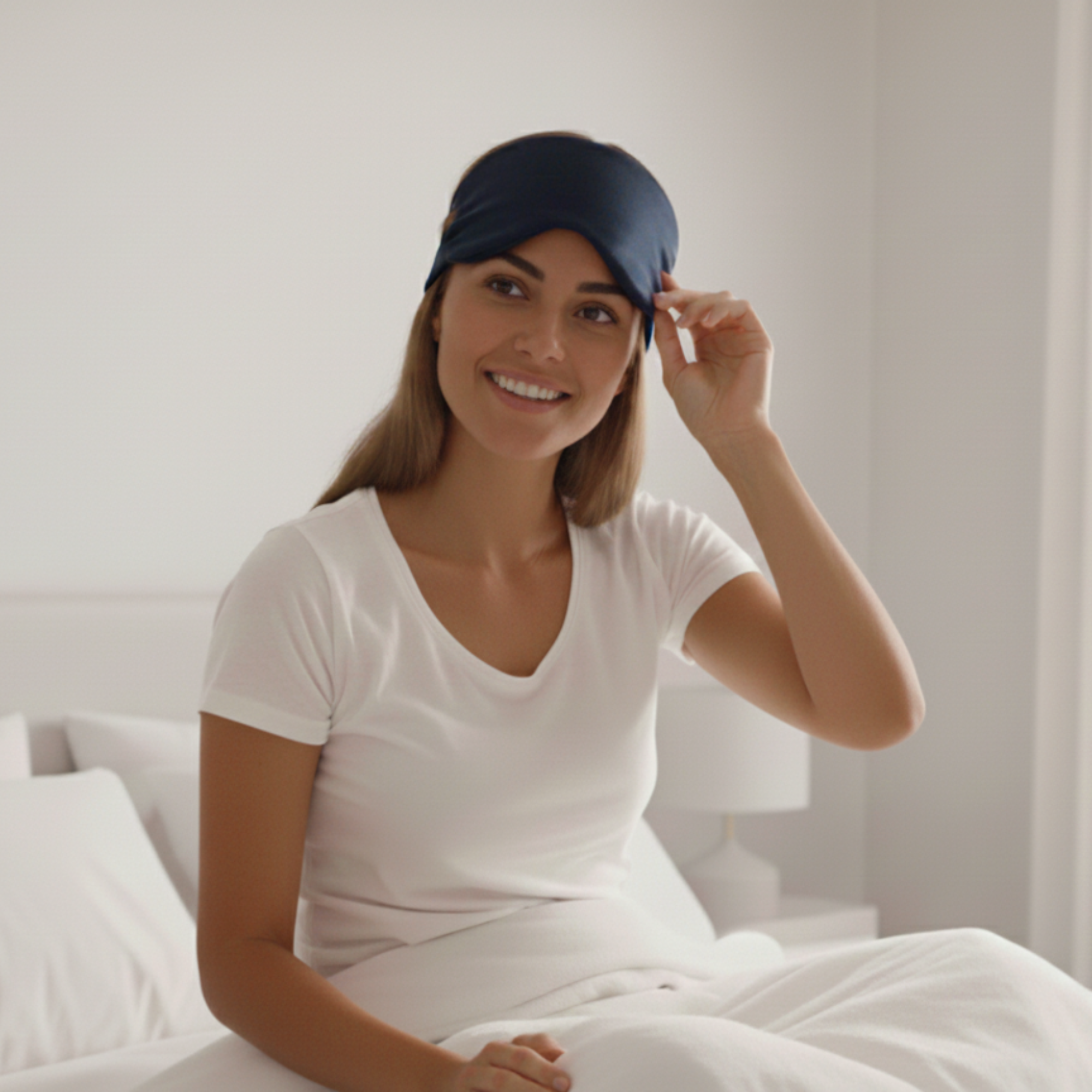 Vrouw op bed doet een navy-blauw PurelyGoods slaapmasker op tijdens haar ochtendroutine in een lichte slaapkamer.