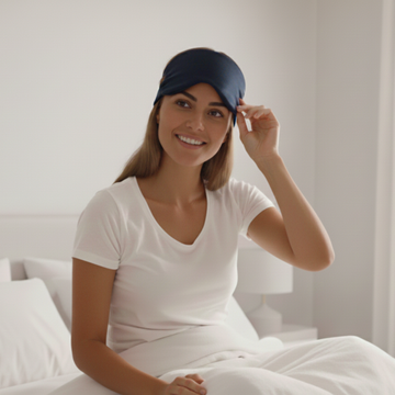 Vrouw op bed doet een navy-blauw PurelyGoods slaapmasker op tijdens haar ochtendroutine in een lichte slaapkamer.
