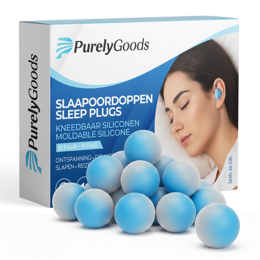 PurelyGoods kneedbare siliconen slaapoordoppen (10 paar) met verpakking, blauwe moldable sleep plugs voor slapen en ontspanning.”