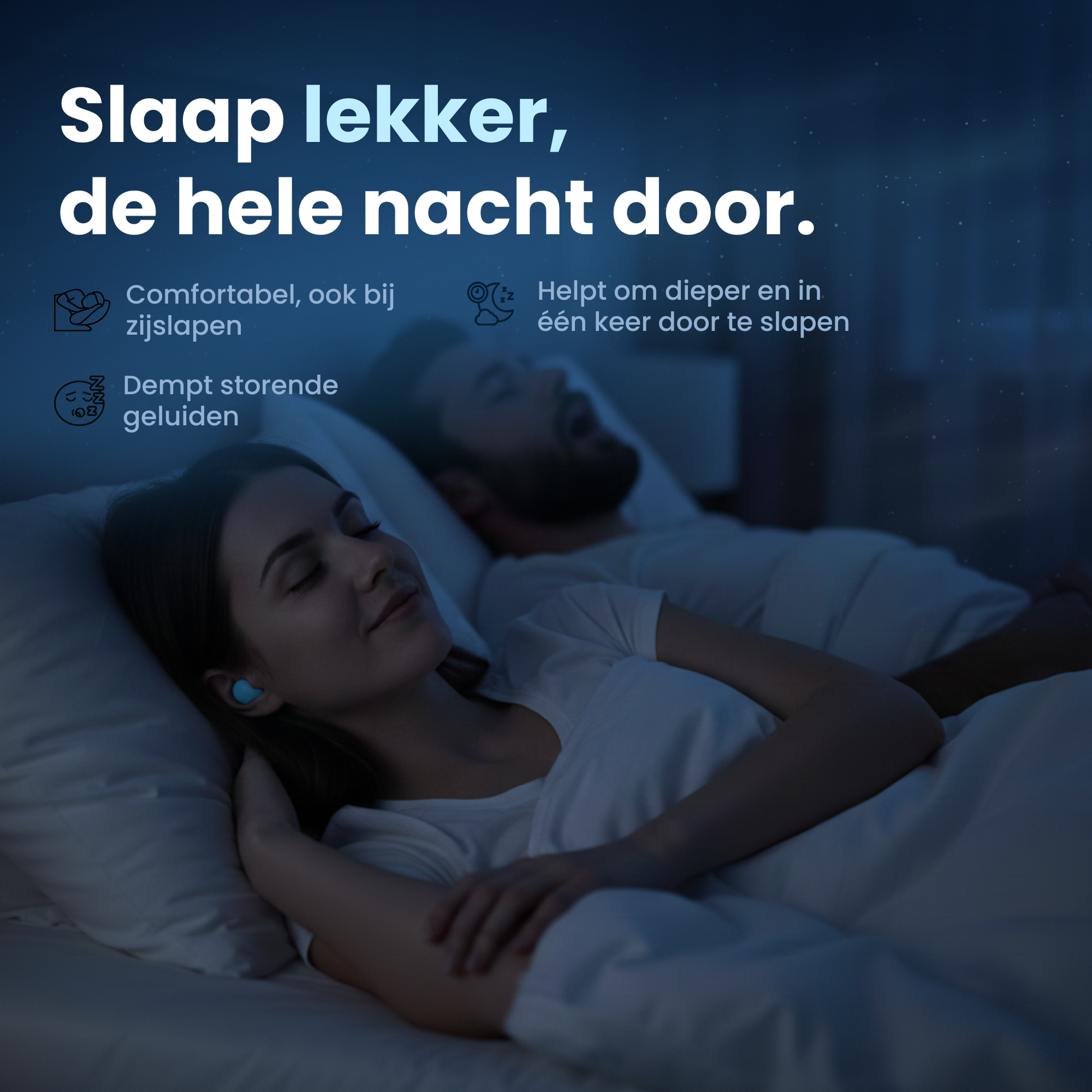 Vrouw slaapt ontspannen met PurelyGoods siliconen slaap oordopjes–,comfortabel, ook voor zijslapers, en dempt storende geluiden voor een ongestoorde nachtrust.