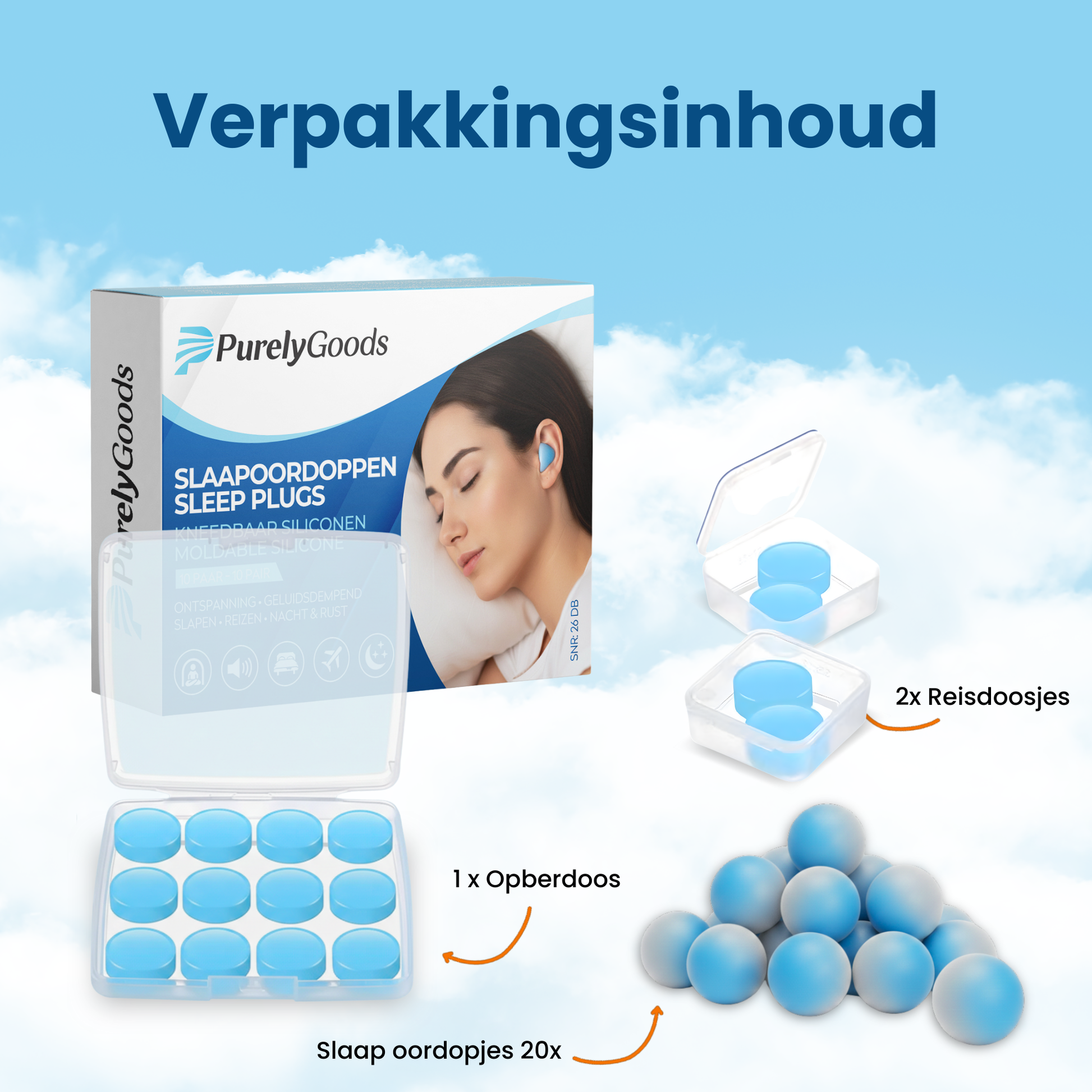Verpakkingsinhoud PurelyGoods slaapoordoppen: 20 kneedbare siliconen slaapoordopjes met opbergdoos en 2 reisdoosjes.