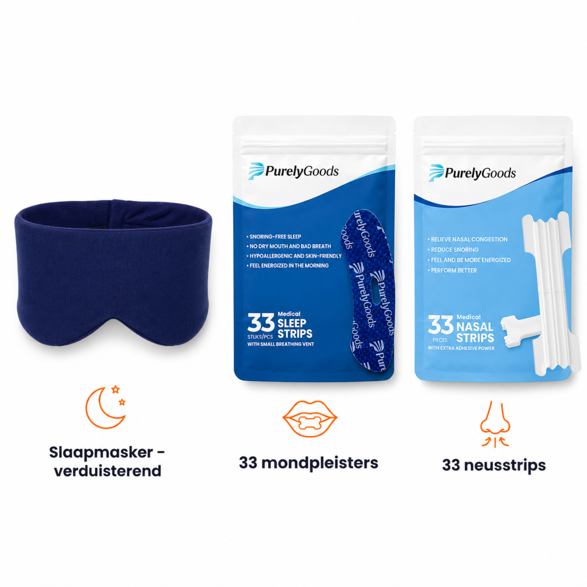 PurelyGoods slaappakket met neusstrips, mondtape en katoenen slaapmasker