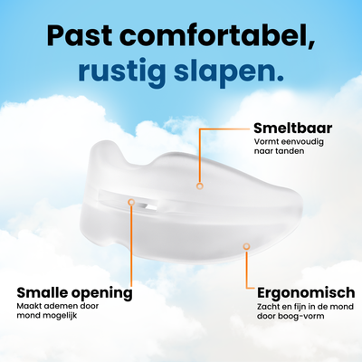 Transparante PurelyGoods snurkbeugel met smeltbare pasvorm, kleine ademopening en ergonomische boogvorm voor comfortabel gebruik.