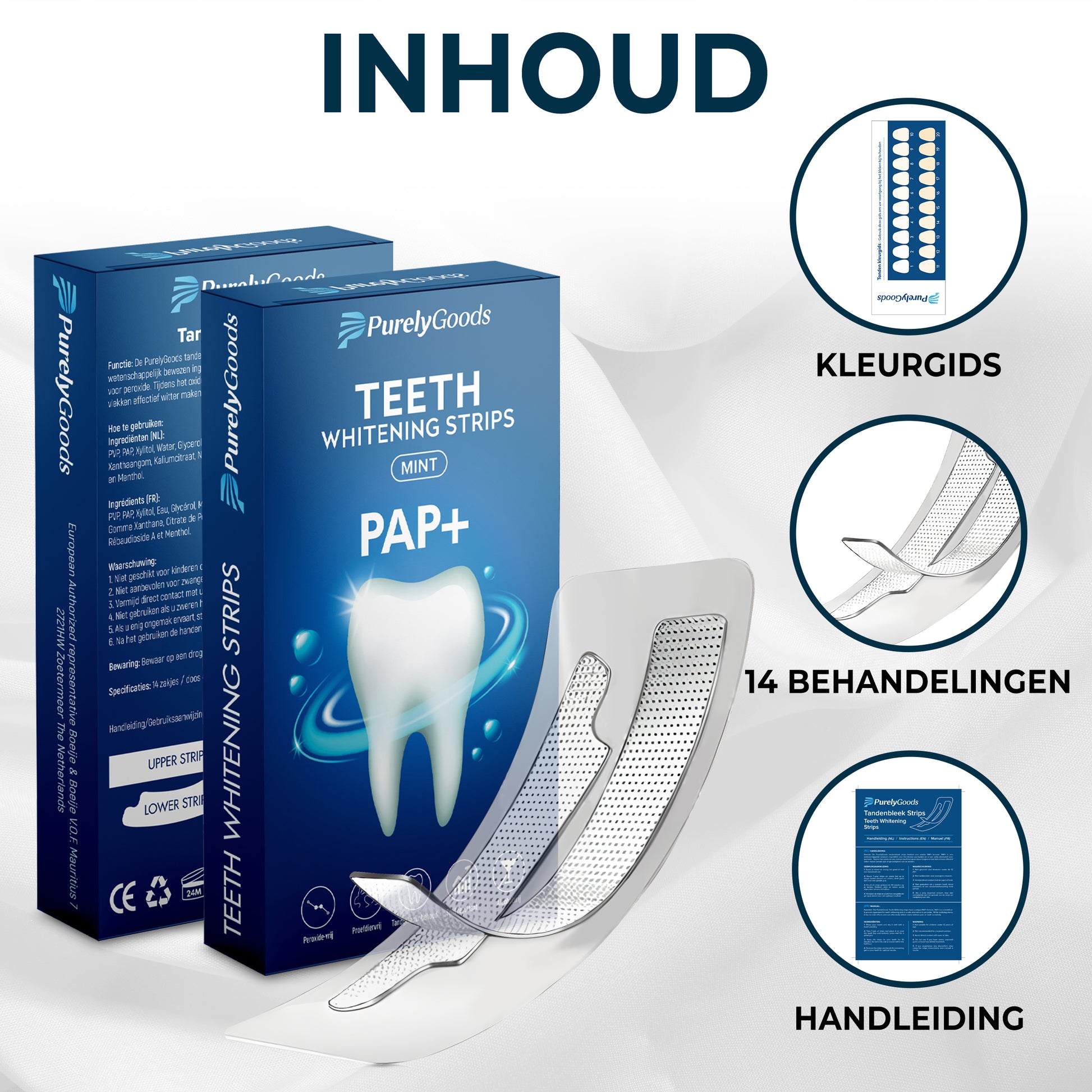 PurelyGoods teeth whitening strips inhoud – 14 behandelingen + kleurgids