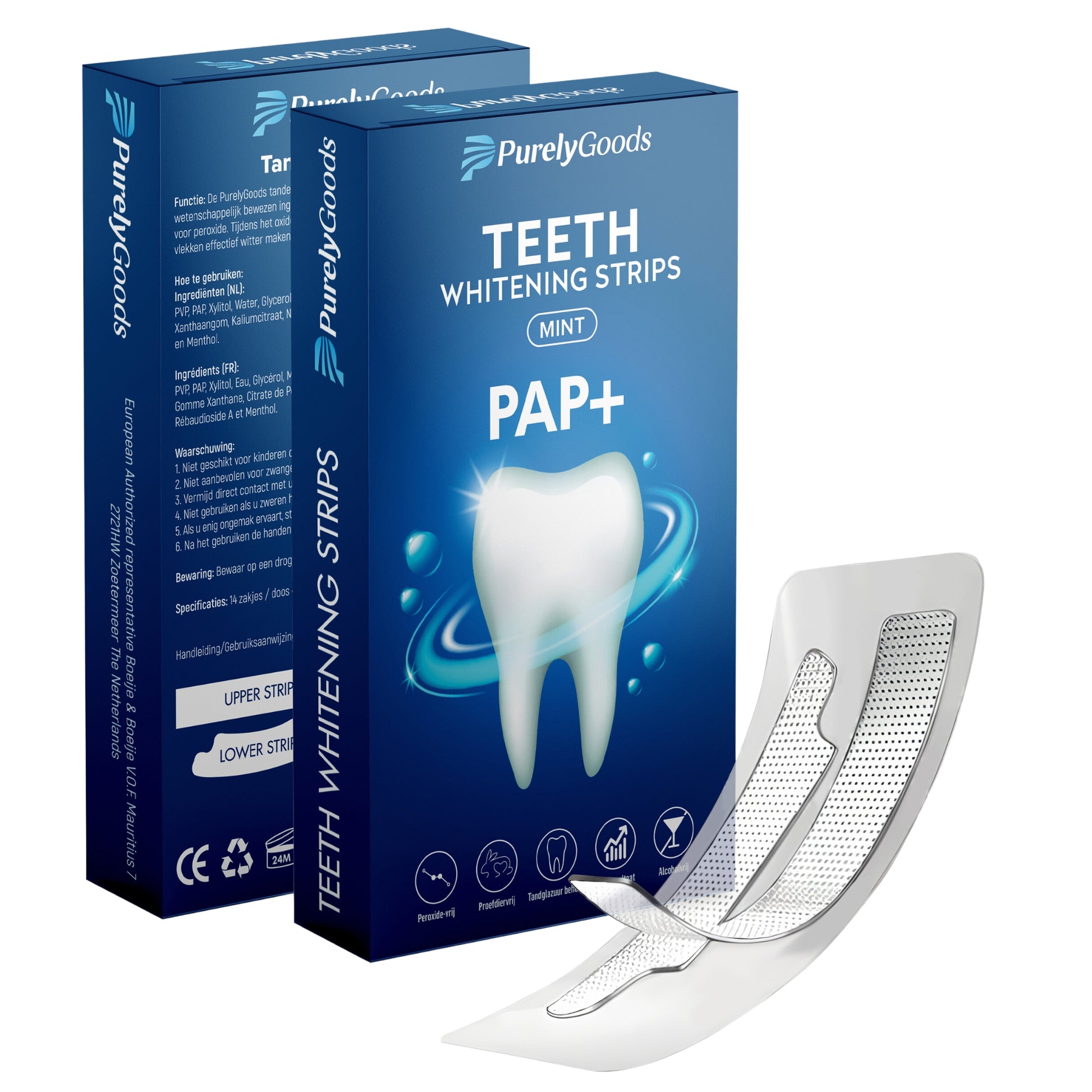 PurelyGoods PAP+ teeth whitening strips mint voor veilig tanden bleken thuis
