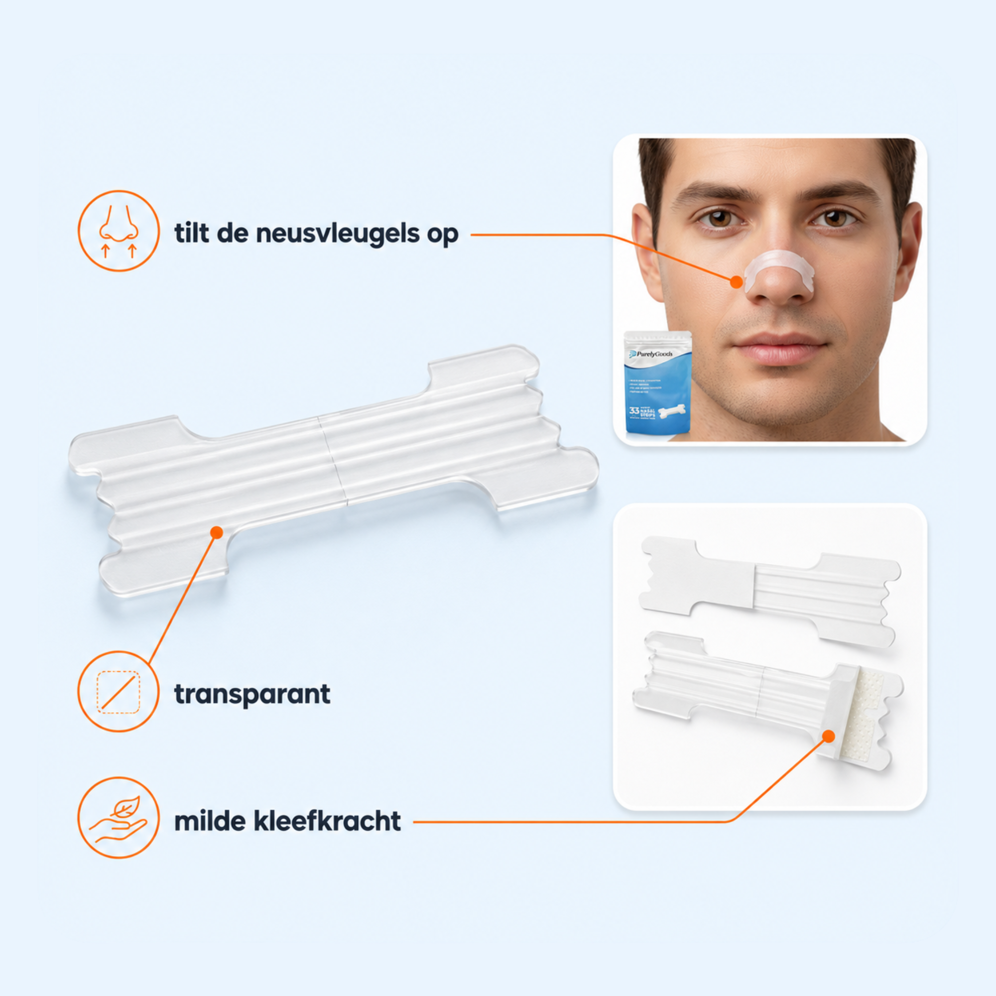 Transparante PurelyGoods neusstrip met milde kleefkracht die de neusvleugels ondersteunt
