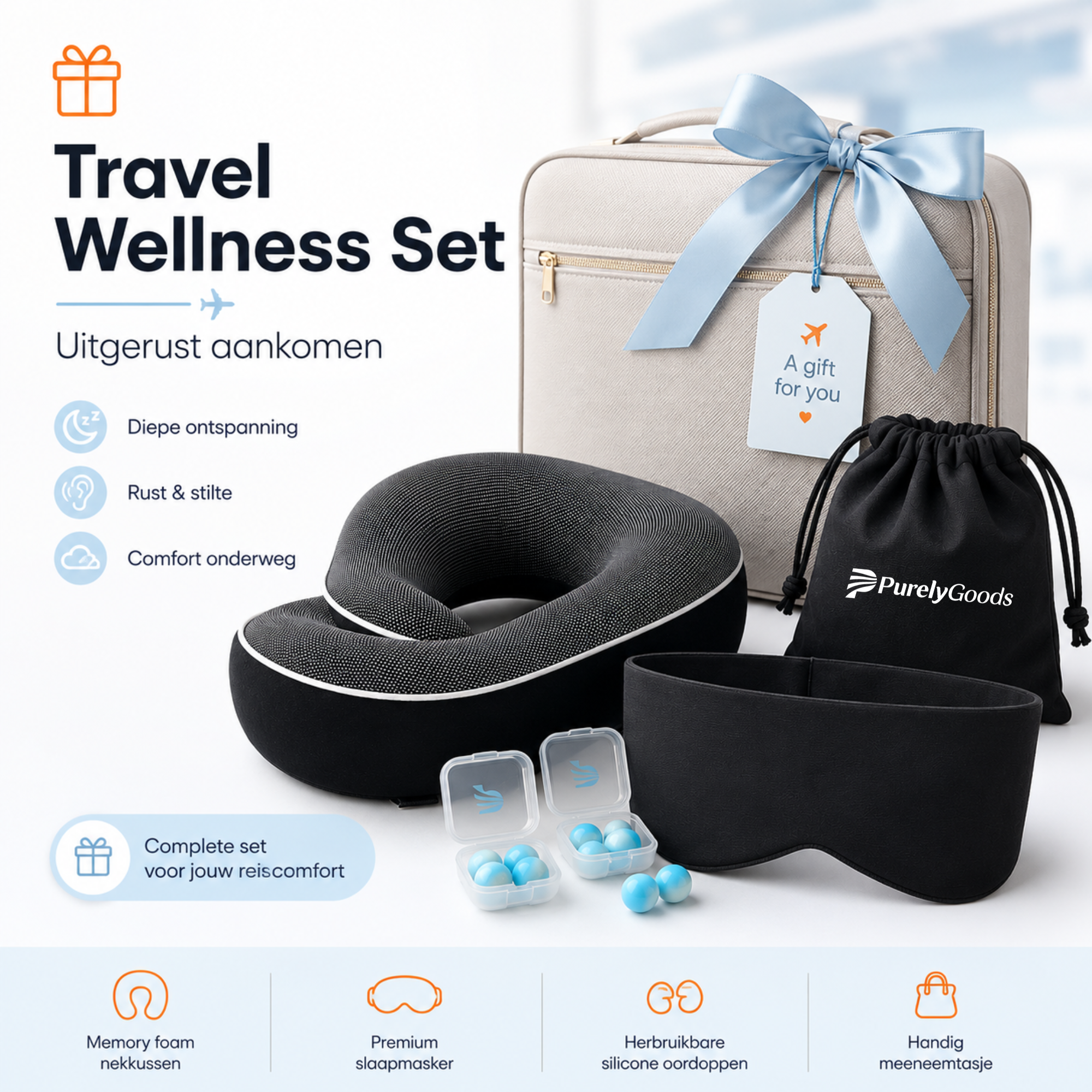 PurelyGoods Travel Wellness Set met memoryfoam nekkussen, slaapmasker, siliconen oordoppen en meeneemtasje