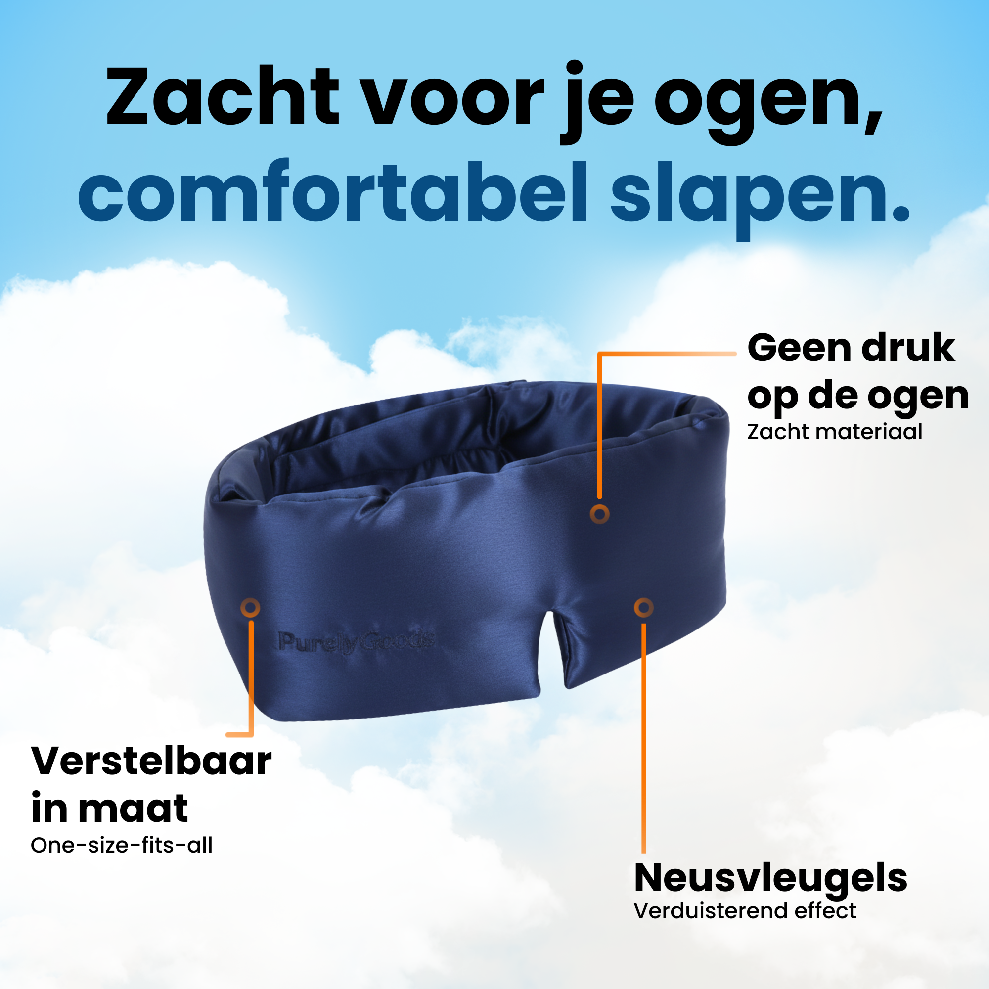 Blauw PurelyGoods zijden slaapmasker van 22 momme 6A zijde, met zachte pasvorm, verstelbare maat en ontwerp zonder druk op de ogen