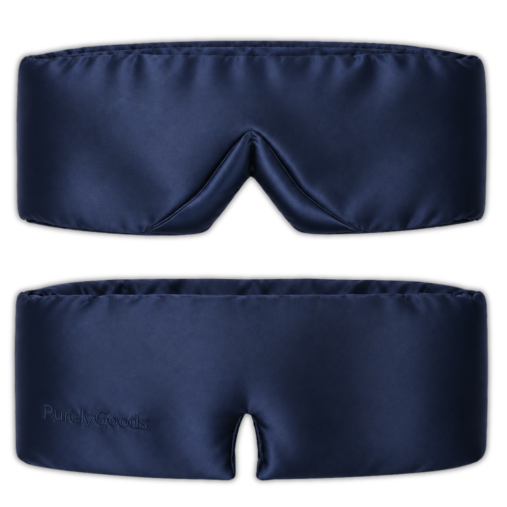 Donkerblauw PurelyGoods zijden slaapmasker, voor- en achterzijde weergegeven op een witte achtergrond.