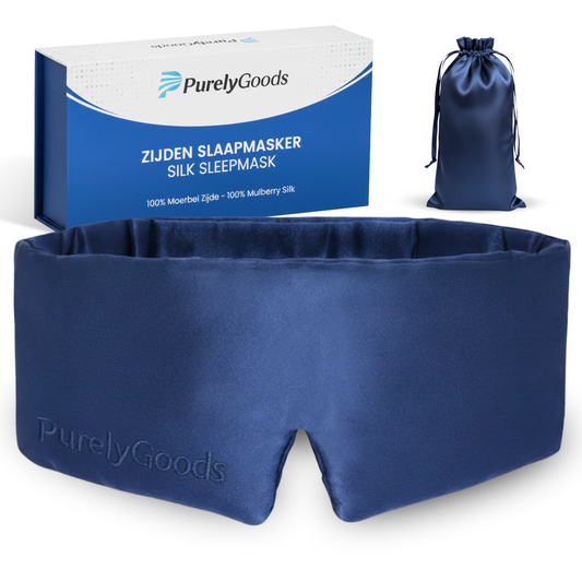 Donkerblauw zijden slaapmasker van 100% mulberry zijde met verstelbare band en luxe opbergzakje