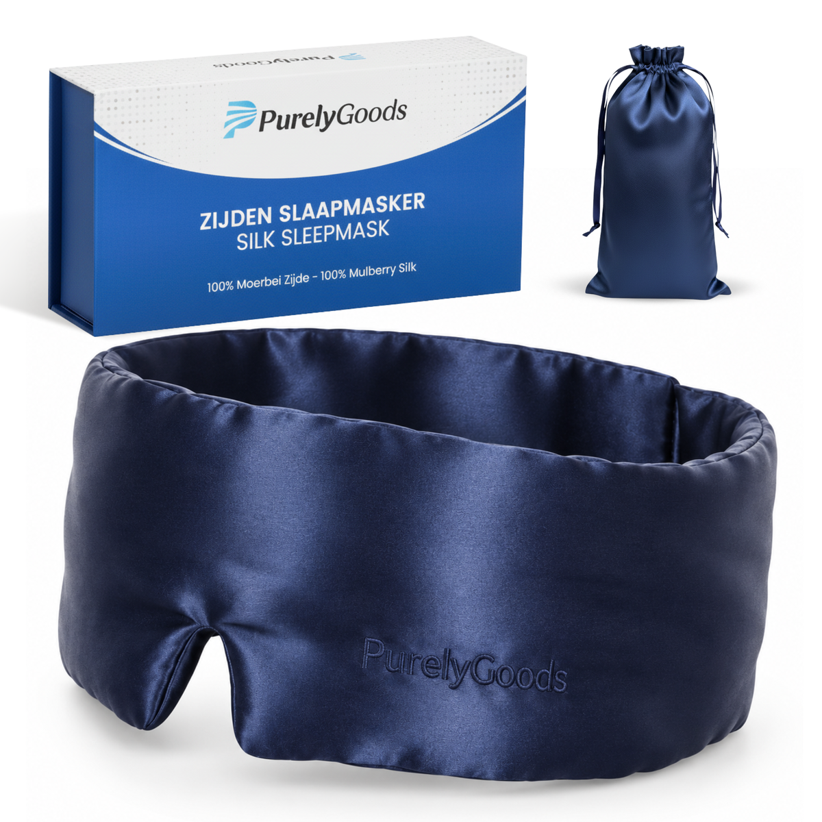 Donkerblauw PurelyGoods zijden slaapmasker met verpakking en bijpassend opbergzakje.