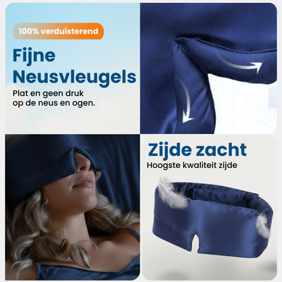 Zijden slaapmasker van PurelyGoods met fijne neusvleugels voor volledige verduistering en comfortabel draaggevoel zonder druk op neus en ogen.