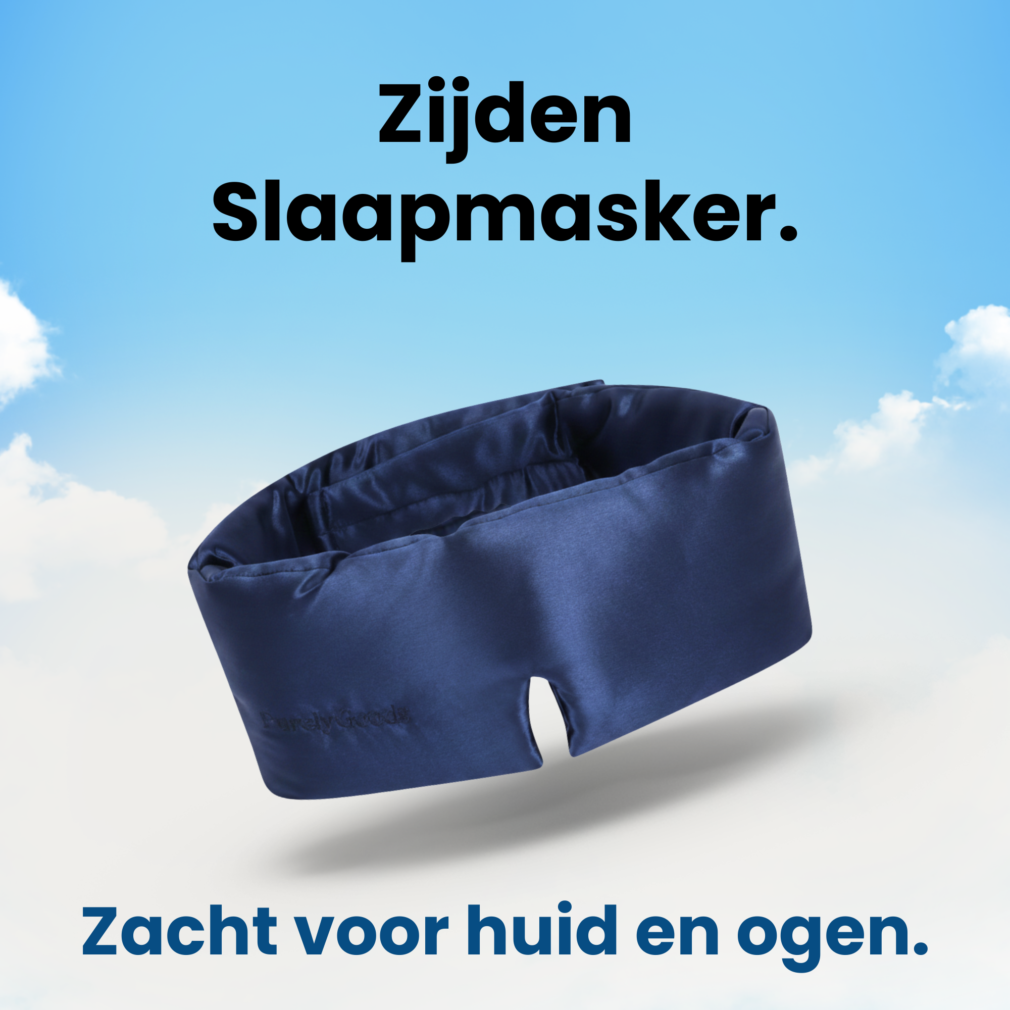 Zijden slaapmasker van PurelyGoods in donkerblauw, ontworpen voor een zacht en comfortabel gevoel op huid en ogen.