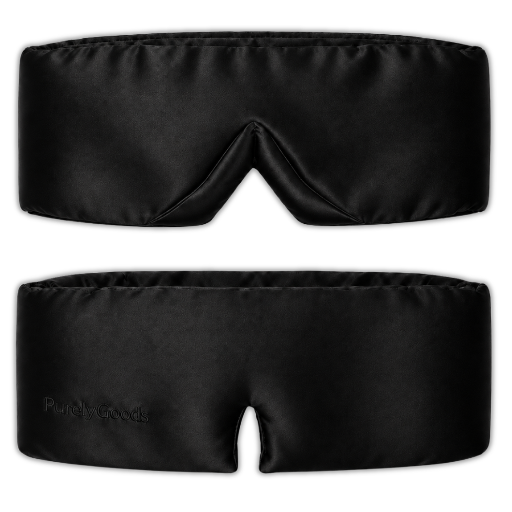 Zwart PurelyGoods zijden slaapmasker, voor- en achterzijde weergegeven op een witte achtergrond.