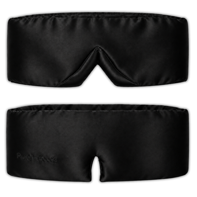 Zwart PurelyGoods zijden slaapmasker, voor- en achterzijde weergegeven op een witte achtergrond.
