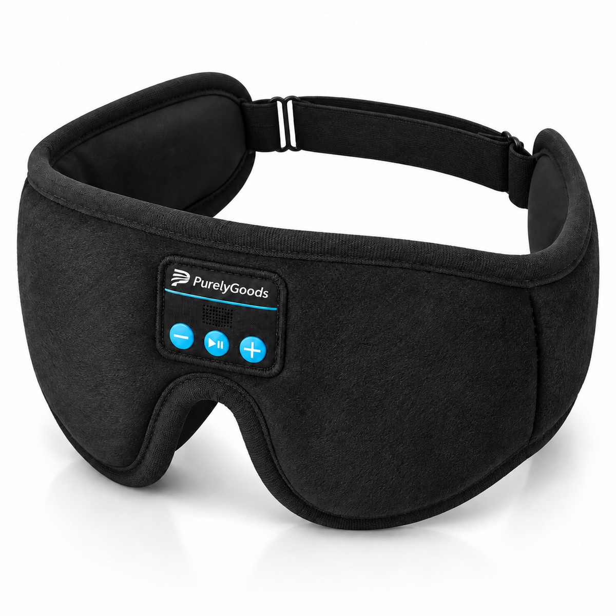 Zwart PurelyGoods slaapmasker bluetooth met blauwe bedieningsknoppen en een verstelbare hoofdband op een witte achtergrond.