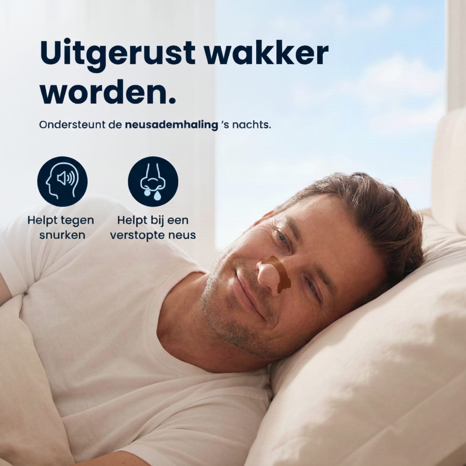 Een glimlachende man ligt in bed en wordt wakker, met een bruine PurelyGoods neusstrip (of neuspleister) op zijn neus. De tekst luidt: 'Uitgerust wakker worden. Ondersteunt de neusademhaling 's nachts.' Twee iconen benadrukken de voordelen van deze anti snurk neusstrip: 'Helpt tegen snurken' en 'Helpt bij een verstopte neus'
