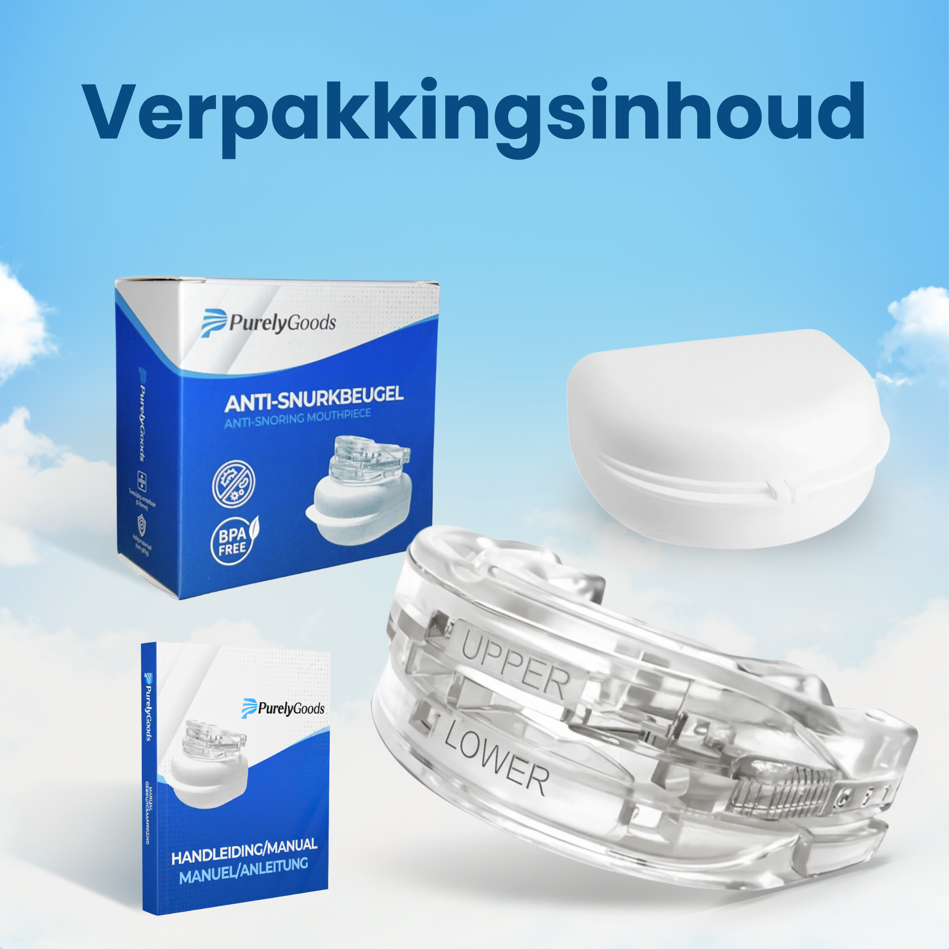 Afbeelding van de complete verpakkingsinhoud van de PurelyGoods anti snurkbeugel, inclusief de beugel zelf, de opbergdoos en de handleiding/gebruiksaanwijzing.