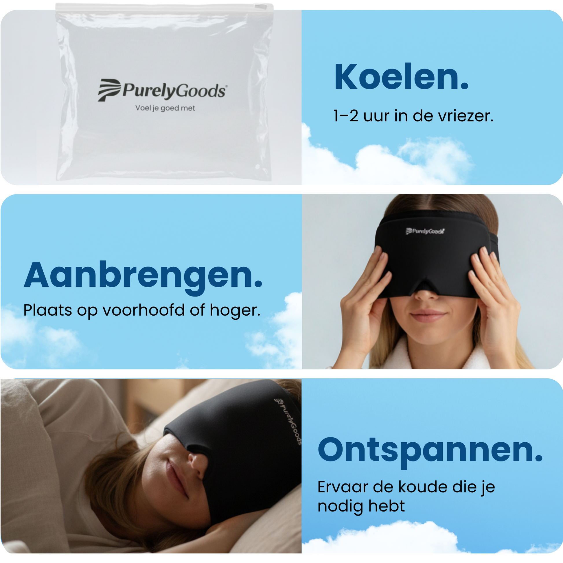 Stappenplan voor het gebruik van de Migraine Muts voor koudetherapie: koelen in de vriezer, aanbrengen op het voorhoofd of hoger en vervolgens ontspannen om de koude verlichting te ervaren.