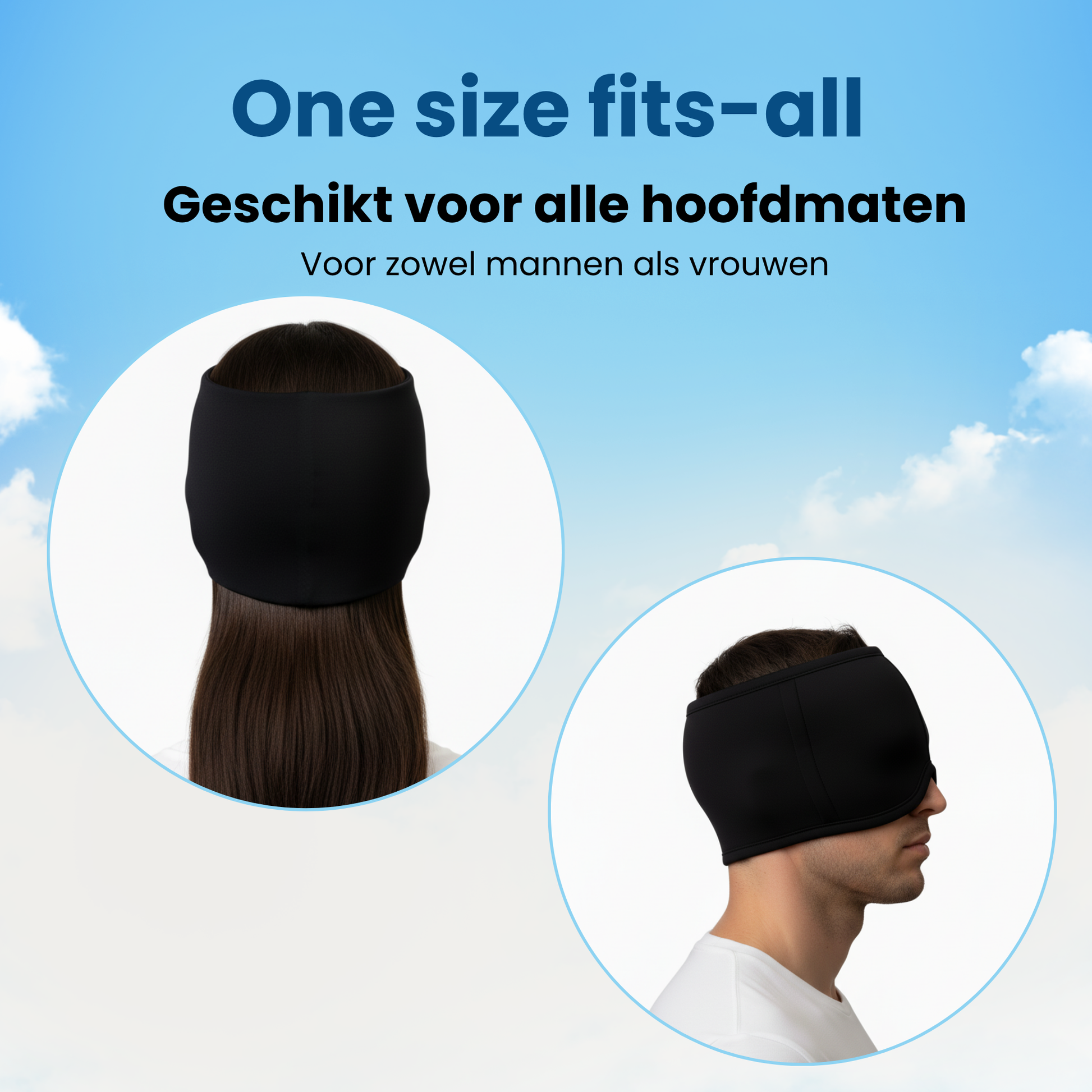 Afbeelding van de Migraine Muts gedragen door zowel een man als een vrouw, om te benadrukken dat het one size fits-all model geschikt is voor alle hoofdomtrekken en voor mannen en vrouwen.